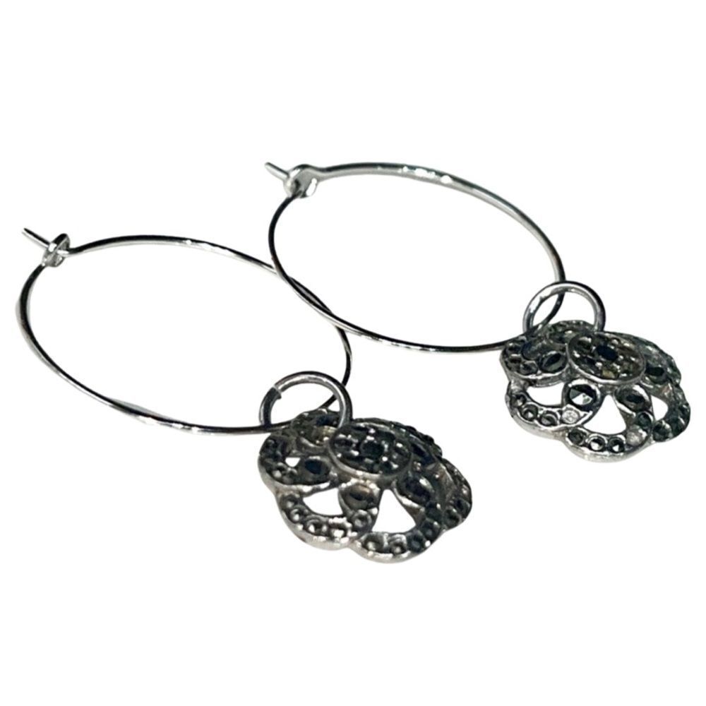 HANDCRAFTED dainty silver-tone hoops & marcasite earrings